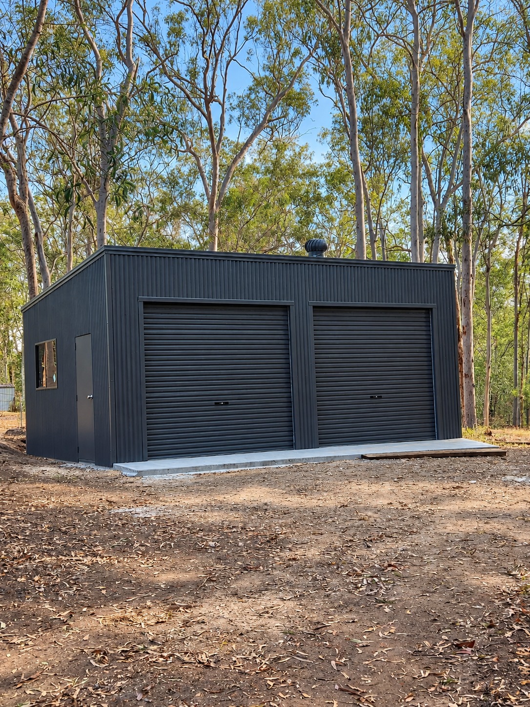 Charcoal double garage shed with roller doors