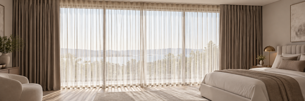 Bedroom with ivory S Fold sheer curtains and taupe blockout curtains
