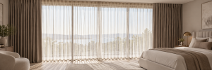 Bedroom with ivory S Fold sheer curtains and taupe blockout curtains