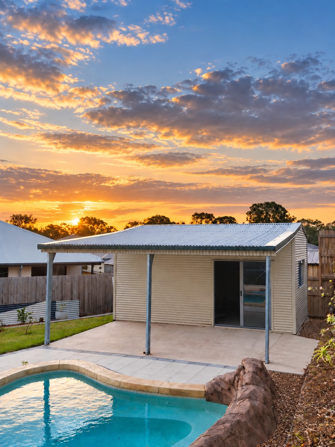 Poolside shed with attached covered patio