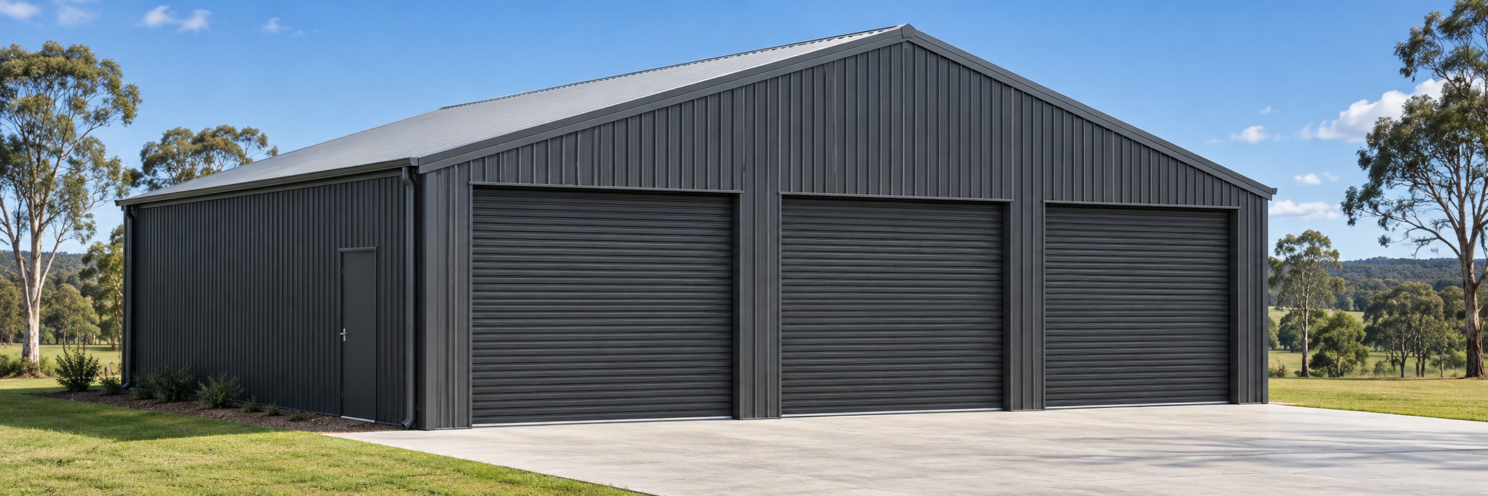 Large charcoal three-bay gable roof shed